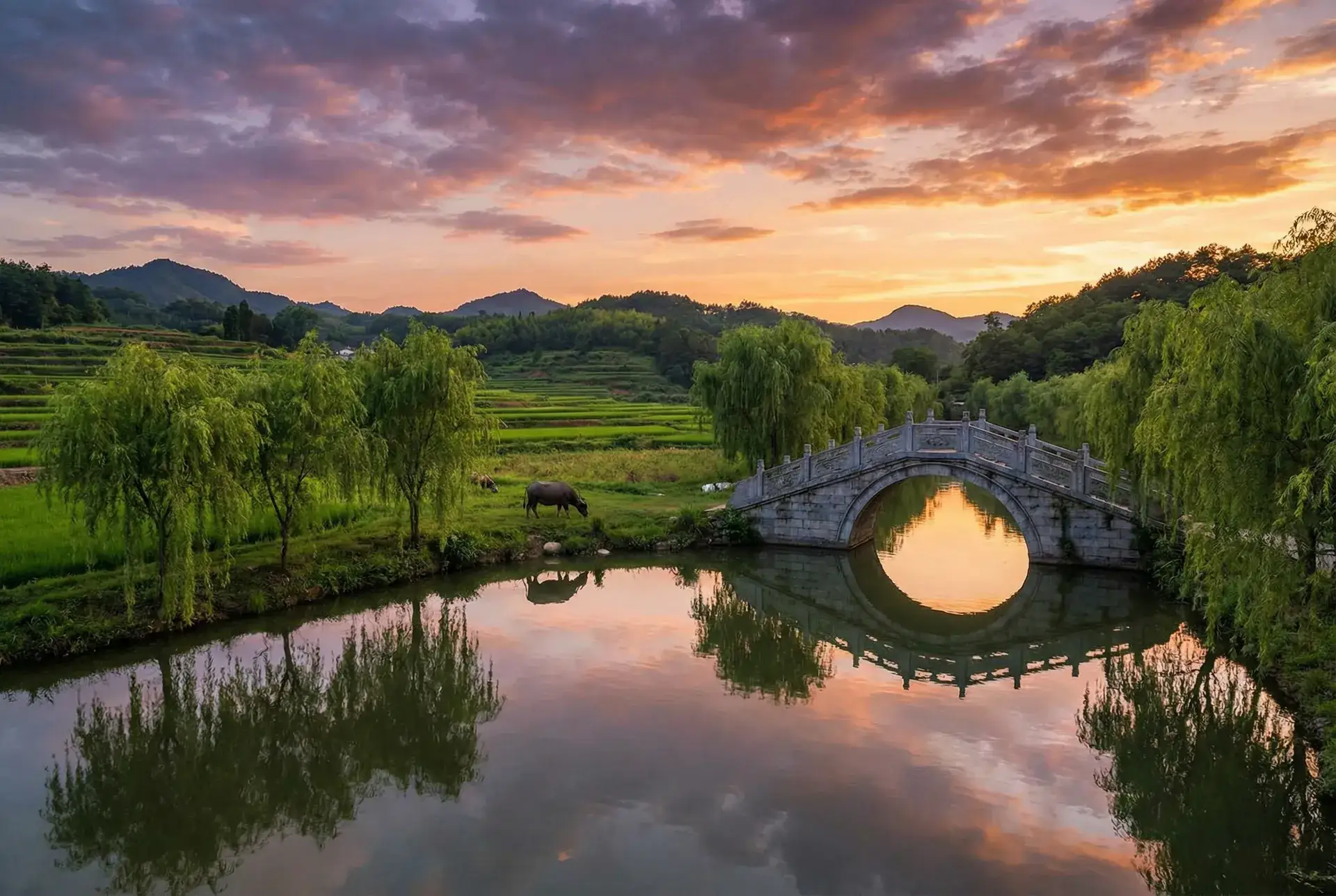 夕阳下的石拱桥与垂柳，水牛在河边吃草 - 91色情 乡村美景